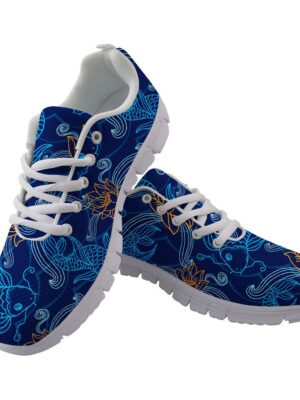 Outline Blue Fishes And Orange Flower On Dark Blue Background Design Running Shoes Sport Sneakers
