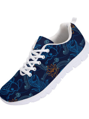 Outline Blue Fishes And Orange Flower On Dark Blue Background Design Running Shoes Sport Sneakers