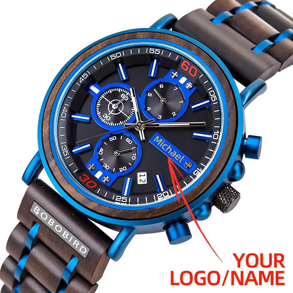 Personalized Men Wood Watches Male Fashion Calendar Stopwatch Customize logo Name Timepiece Quartz Wrist Watches 40mm  - Personalized