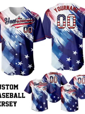 Custom USA Flag Royal Baseball Jersey, Custom Name Number Jersey, 3D American Flag Name Jersey, Custom American Patriot Baseball Jersey